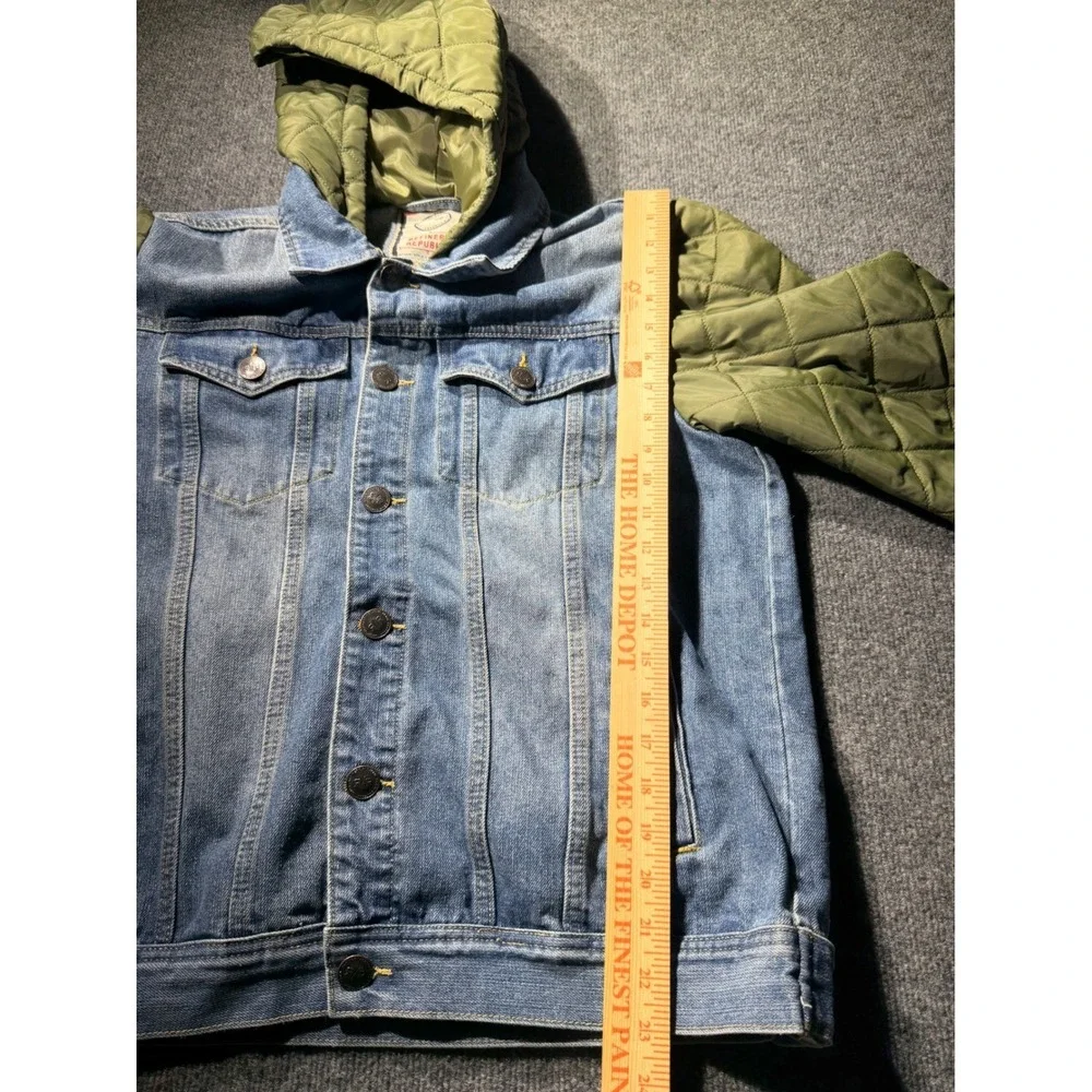 Refinery Republic Mens Denim Jacket Quilted Hooded Sleeves Blue Olive Green M